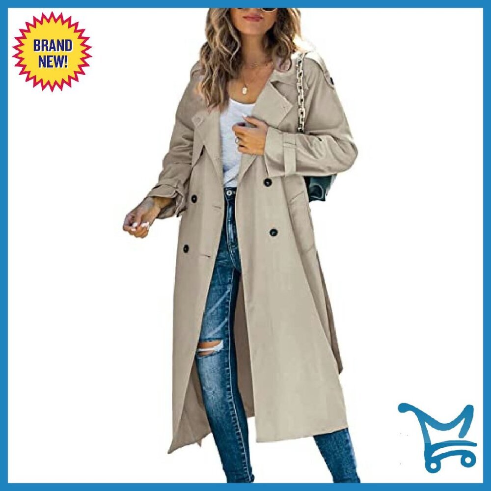 Women's Slim Fit Trench Coat Double Breasted Long Windproof Belted - Picture 2 of 8